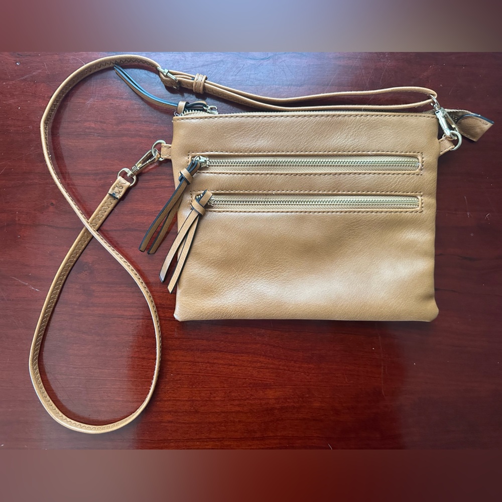 Tan Crossbody Adjustable Bag with Gold Zipper Details